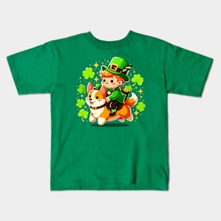 Cute Leprechaun Riding a Corgi - Saint Patrick's Day Theme Kids T-Shirt